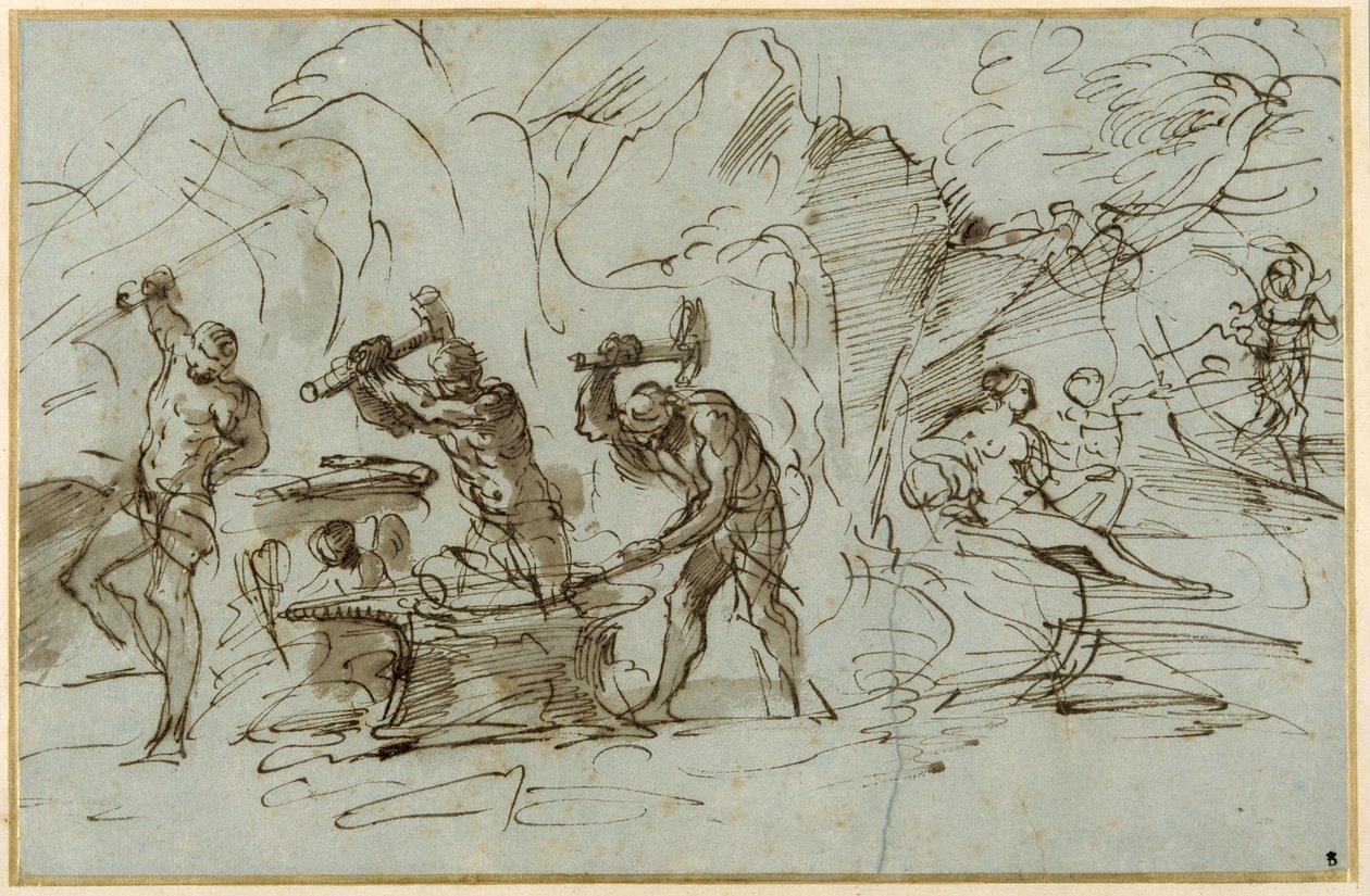 Kuźnia Wulkana (pióro i tusz z washem, wzmocnione gwaszem na papierze) autorstwa Pier Francesco Mola