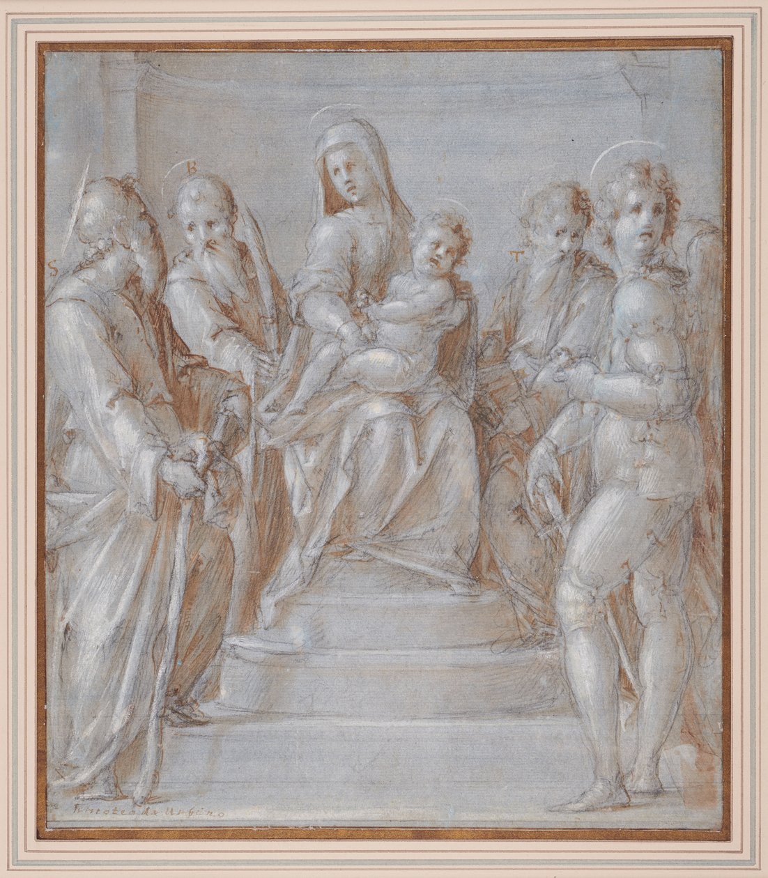 Dziewica z Dzieciątkiem na tronie i świętymi, ok. 1525 r. (pióro i brązowy tusz oraz mycie na czarnej kredzie) autorstwa Pier Francesco & Puligo Domenico (1492 1527) Foschi