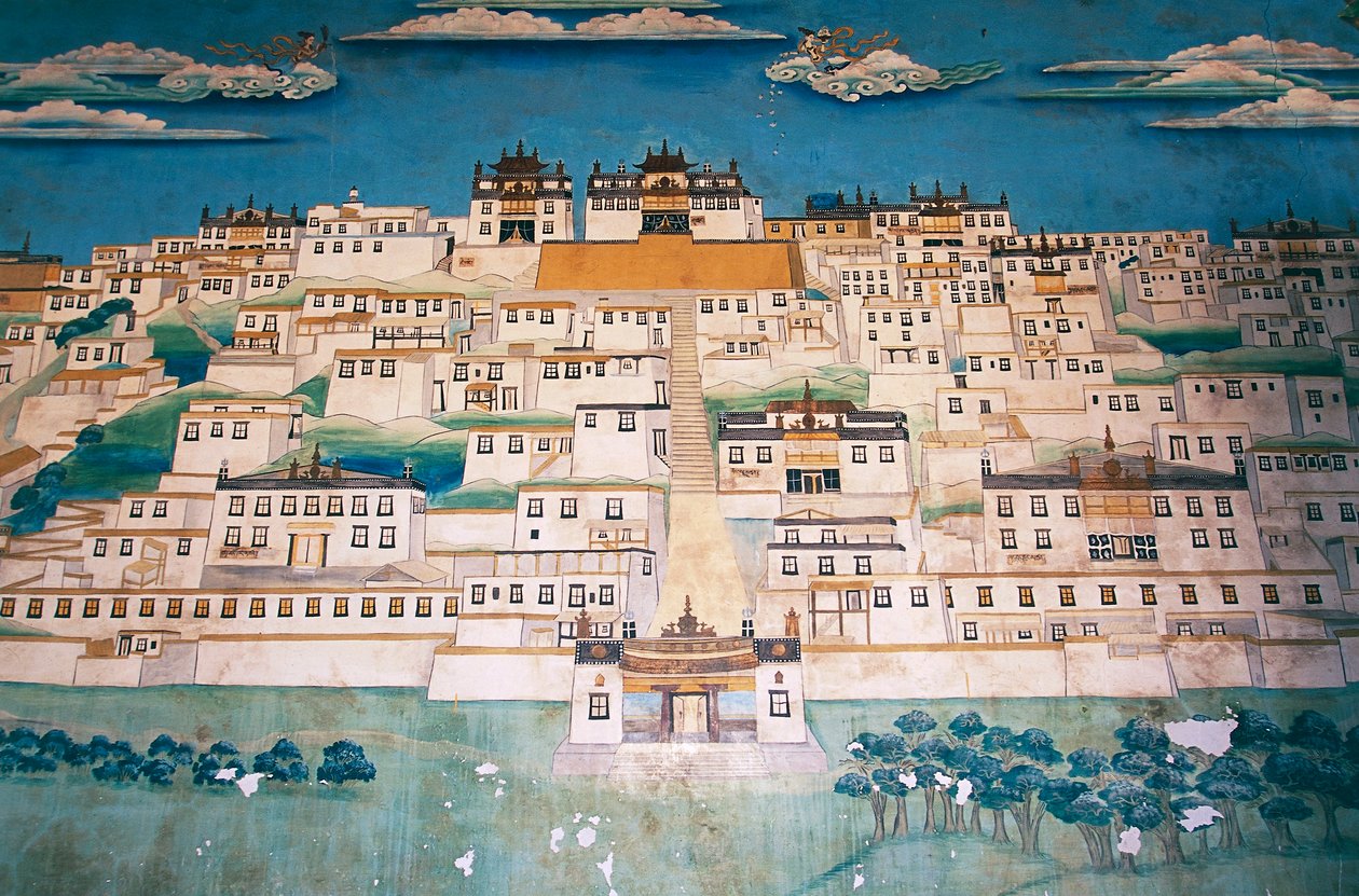 Fresk przedstawiający miasto w klasztorze Ganden Sumtsenling (gompa), Zhongdian (w tybetańskim Gyalthang, przemianowanym w 2001 roku na Shangri-La przez chiński rząd w celu promowania turystyki w tym obszarze Wyżyny Tybetańskiej), prowincja Yunnan, Chiny autorstwa Blaise Nicolas Le Sueur