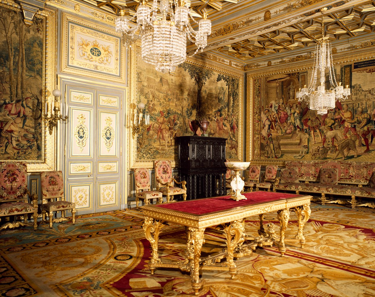 Polowania Maksymiliana seria gobelinów na ścianach pokoju Franciszka I, Chateau de Fontainebleau autorstwa Blaise Nicolas Le Sueur