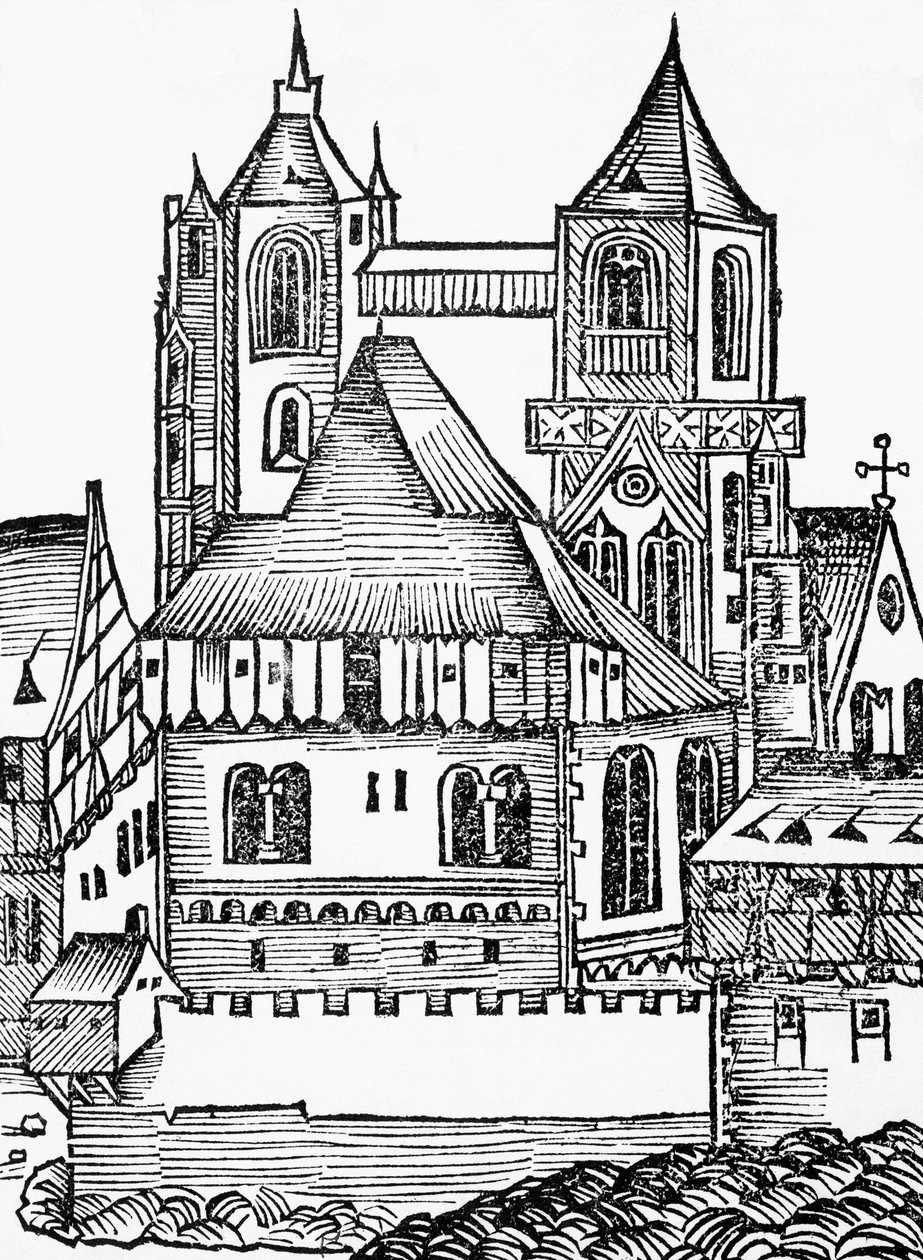 Opactwo Montecassino, drzeworyt niemiecki, z Kroniki Norymberskiej (Liber Chronicarum) Hartmanna Schedla autorstwa Blaise Nicolas Le Sueur