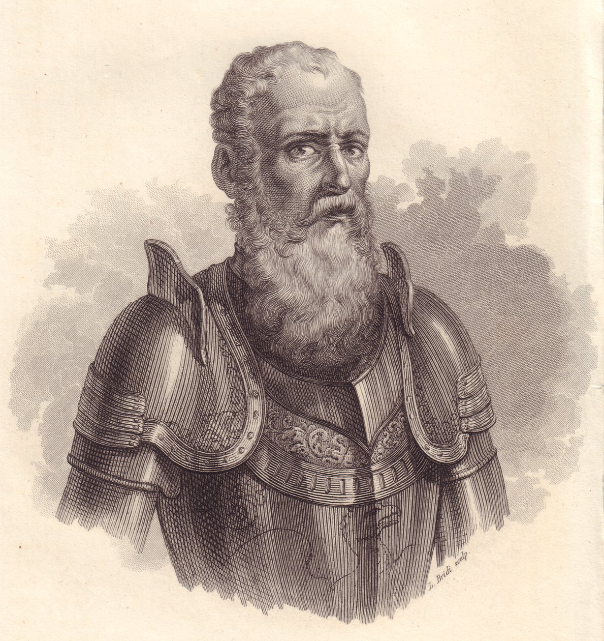 Portret włoskiego dowódcy wojskowego Ezzelino III da Romano lub Ecelino da Romano (1194-1259), miedzioryt autorstwa Blaise Nicolas Le Sueur