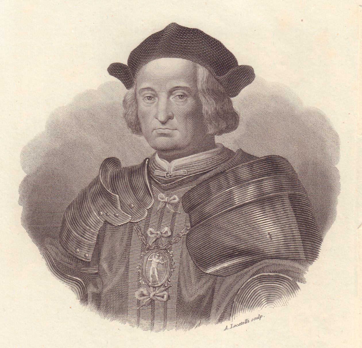 Portret włoskiego dowódcy wojskowego i polityka Gian Giacomo Trivulzio (1440-1518), miedzioryt Locatelli autorstwa Blaise Nicolas Le Sueur