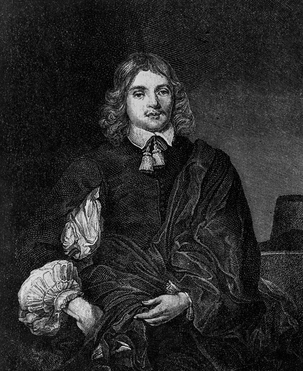 Portret Lucjusza Cary, 2. wicehrabiego Falkland (ok. 1610-1643), angielskiego pisarza, polityka i żołnierza, który był sekretarzem stanu w latach 1642-1643, rycina autorstwa Blaise Nicolas Le Sueur
