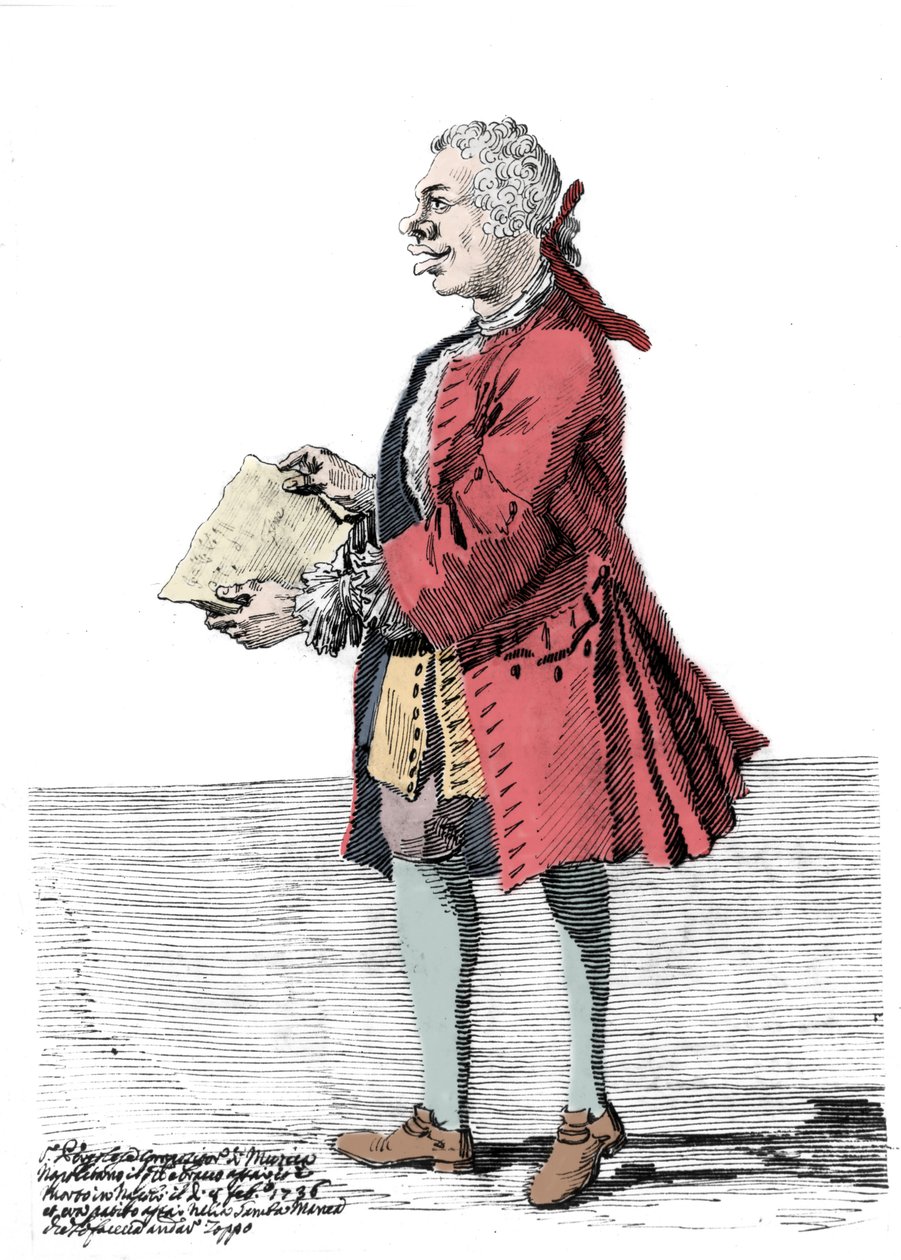 Karykatura Giovanniego Battisty Pergolesiego (Jean Baptiste Pergolese, Jean-Baptiste) (1710 - 1736). Rysunek Pier Leone Ghezzi (1674 - 1755), z którego wynika, że kompozytor doznał kalectwa w jednej nodze i był kulawy. 1736. autorstwa Pier Leone Ghezzi
