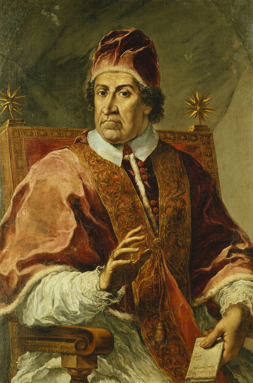 Portret papieża Klemensa XI siedzącego do połowy długości, w papieskiej szacie, trzymającego list, autorstwa Pier Leone Ghezzi