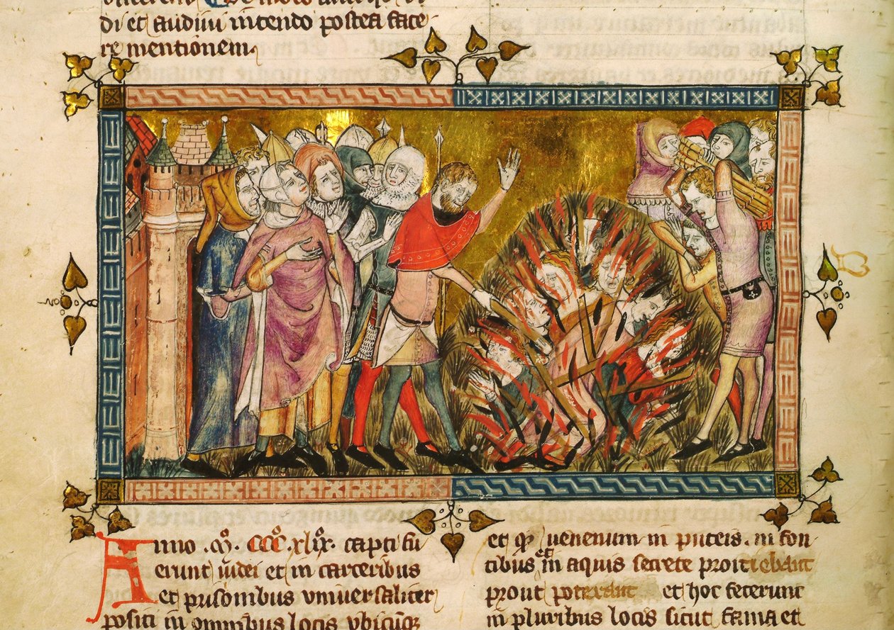 Spalenie Żydów w 1349 r. Miniatura z: Tractatus Quartus autorstwa Gillesa de Muisit, ca. autorstwa Pierart dou Tielt