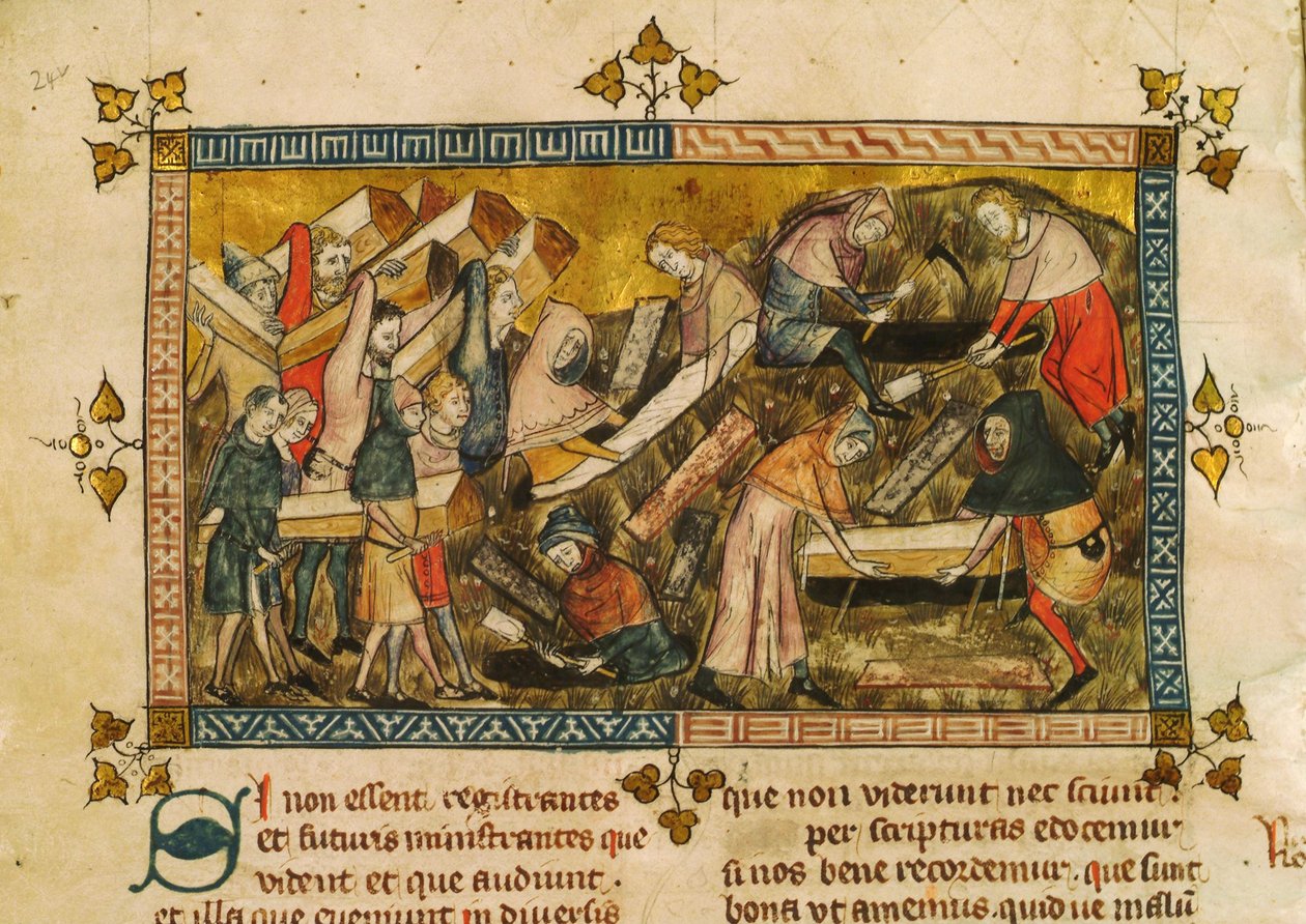 Pogrzeb ofiar zarazy w Tournai, ok. 1353 r. autorstwa Pierart dou Tielt