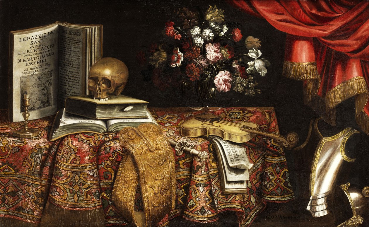 Martwa natura Vanitas ze skrzypcami, książką z nutami, wazonem na kwiaty i czaszką autorstwa Pierfrancesco Cittadini