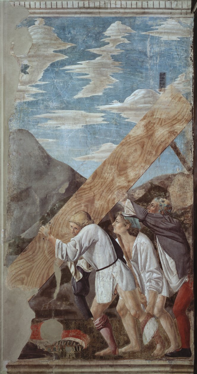 Zakopywanie Lasu, z cyklu Prawdziwego Krzyża, ukończone 1464 autorstwa Piero della Francesca