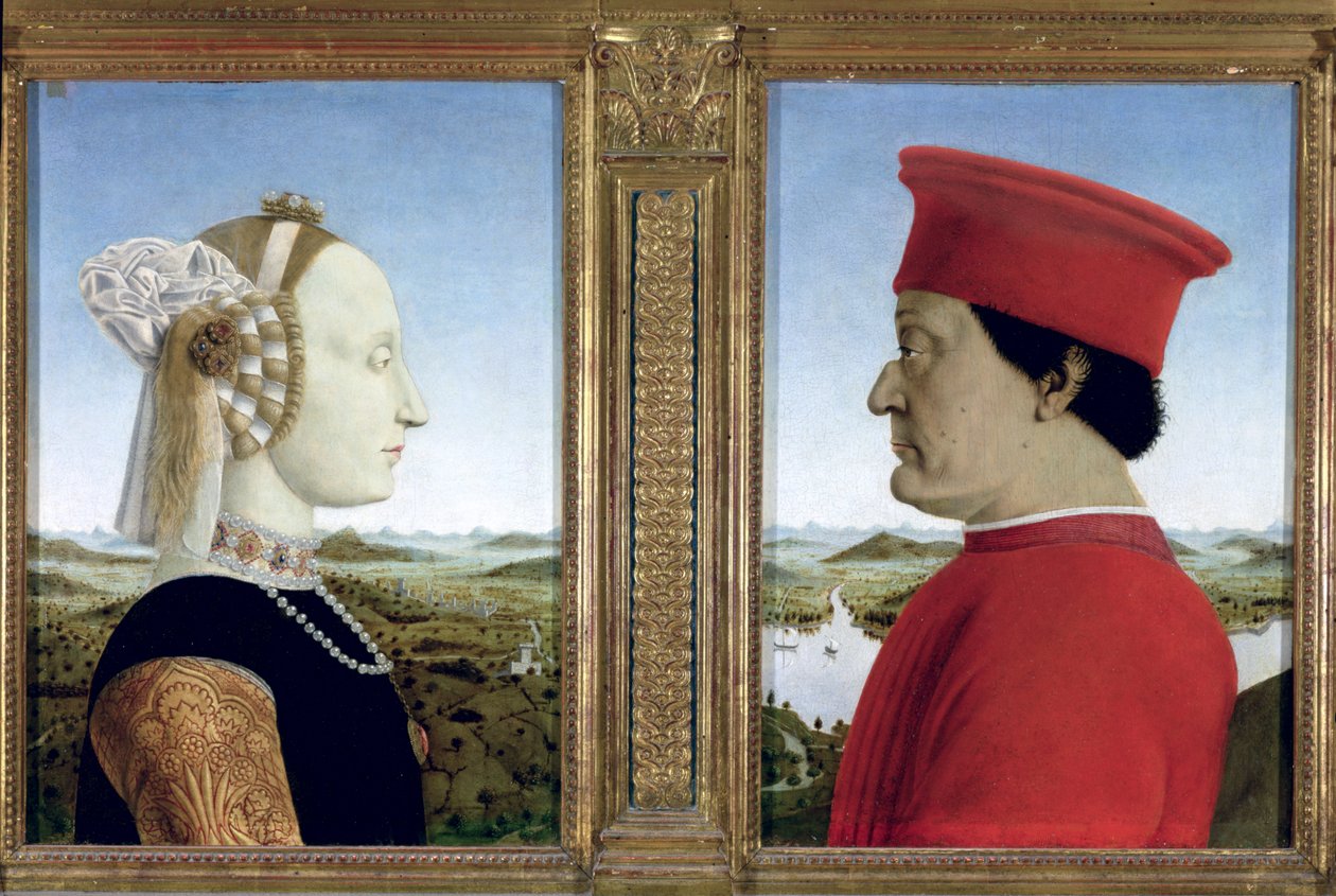 Portrety księcia Federico da Montefeltro (1422-82) i Battisty Sforzy, ok. 1465 (tempera na panelu) (patrz także 95420) autorstwa Piero della Francesca