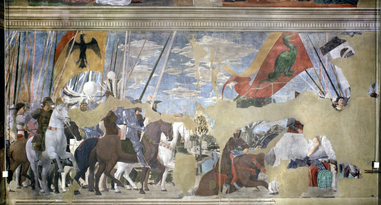 Bitwa pod mostem Mulwijskim, 312 r., z Legendy o Prawdziwym Krzyżu, ukończona 1464 autorstwa Piero della Francesca