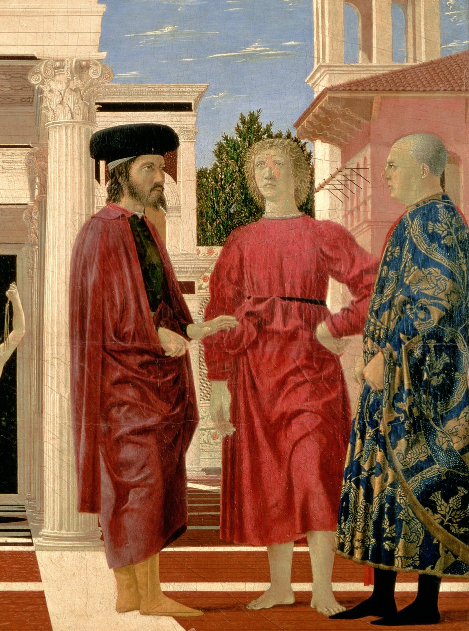 Fragment Biczowania Chrystusa z trzema postaciami na pierwszym planie 1459 olej i tempera na panelu autorstwa Piero della Francesca