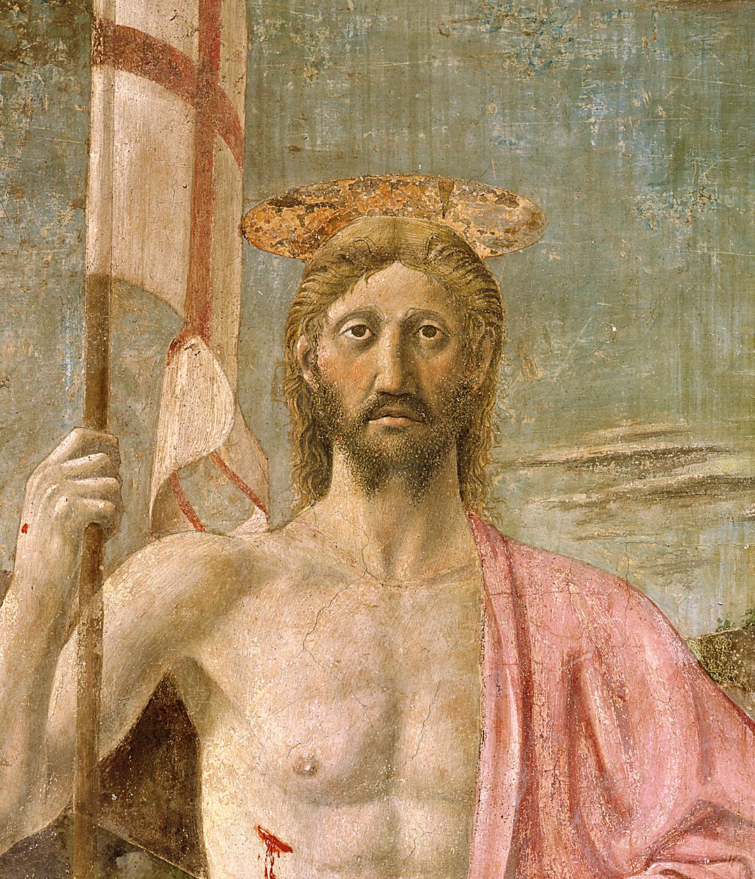 Zmartwychwstanie, detal Chrystusa, ok. 1463 r. detal fresku z 109787 r. autorstwa Piero della Francesca