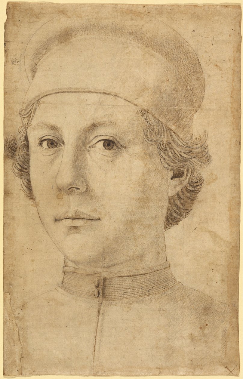 Portret młodego mężczyzny z głową i ramionami w czapce autorstwa Piero del Pollaiolo