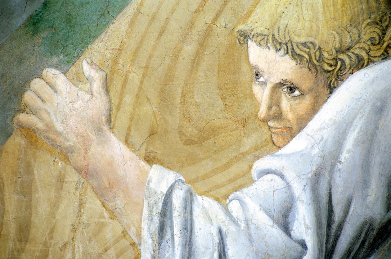 Fragment Legendy o prawdziwym krzyżu przedstawiający transport świętego drewna, autorstwa Piero della Francesca autorstwa Piero della Francesca