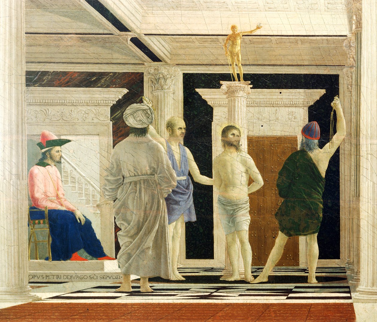 Biczowanie Chrystusa autorstwa Piero della Francesca (1412-1492), Tempera na desce, 58x81,5 cm, detal autorstwa Piero della Francesca