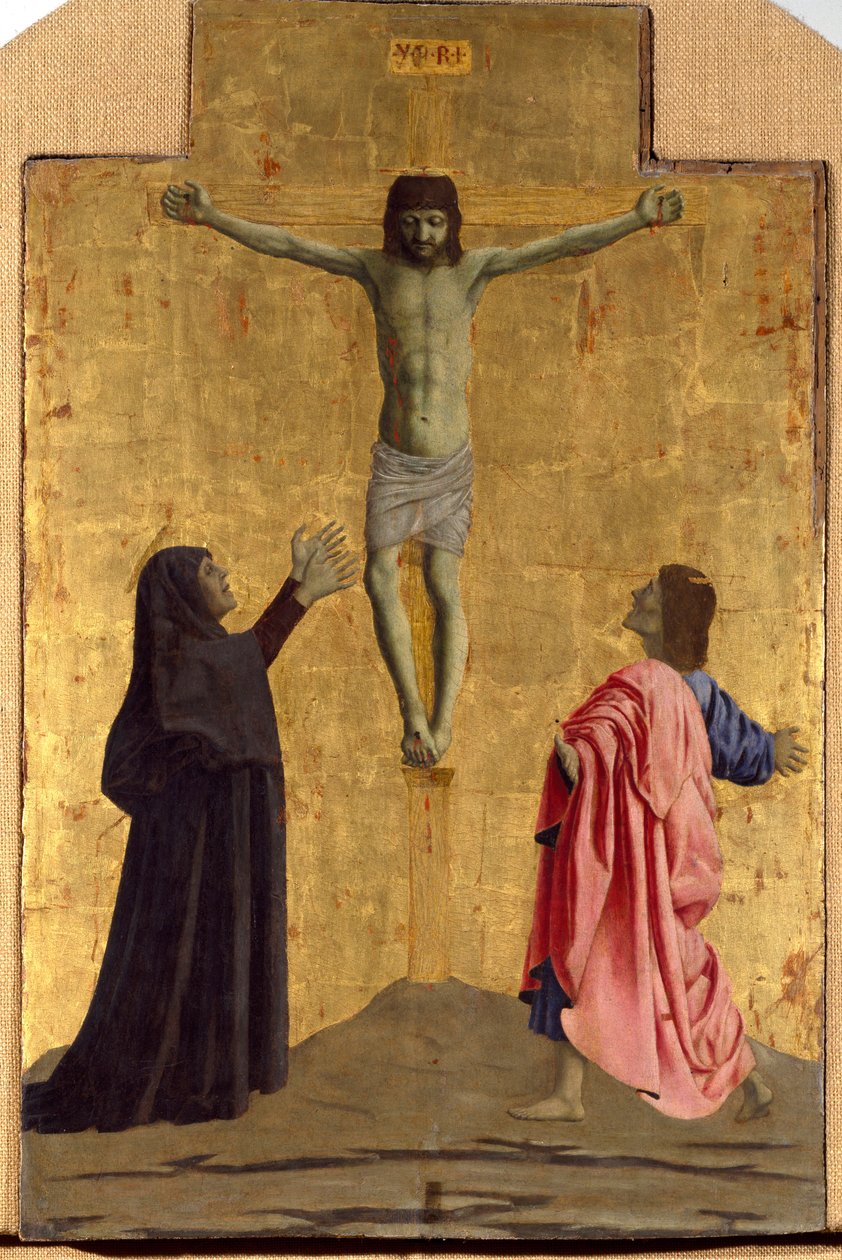Poliptyk Misericorde: Dziewica Misericorde, otoczona świętymi. Detal przedstawiający ukrzyżowanie z napisem „INRI” na krzyżu Obraz na drewnie Piero della Francesca (1415/20-1492) 1445-1460 Wym. 81x52,5 cm Sansepolcro, Pinakoteka C autorstwa Piero della Francesca