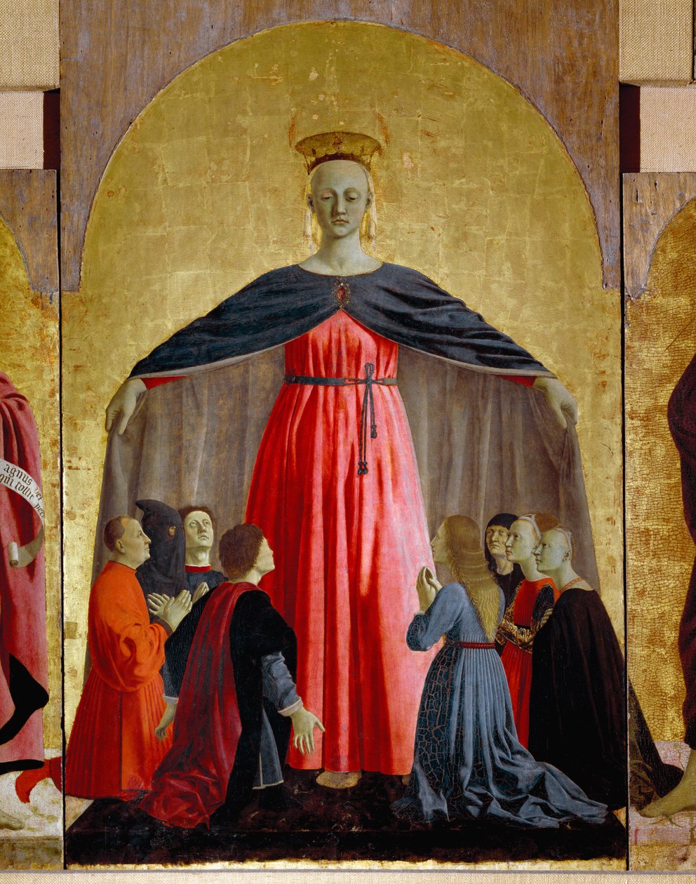 Poliptyk Misericorde: Dziewica Misericorde, otoczona świętymi. Szczegół przedstawiający Matkę Boską. Obraz na drewnie autorstwa Piero della Francesca (1415/20-1492) 1445-1460 wym. 134x91 cm Sansepolcro, Pinacoteca Comunale autorstwa Piero della Francesca