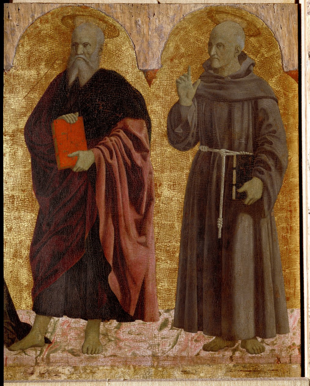 Poliptyk Misericorde: Dziewica Misericorde, otoczona świętymi. Szczegół przedstawiający św. Andrzeja i św. Bernardyna ze Sieny (Bernardino da Siena lub Bernardino degli Albizzeschi autorstwa Piero della Francesca