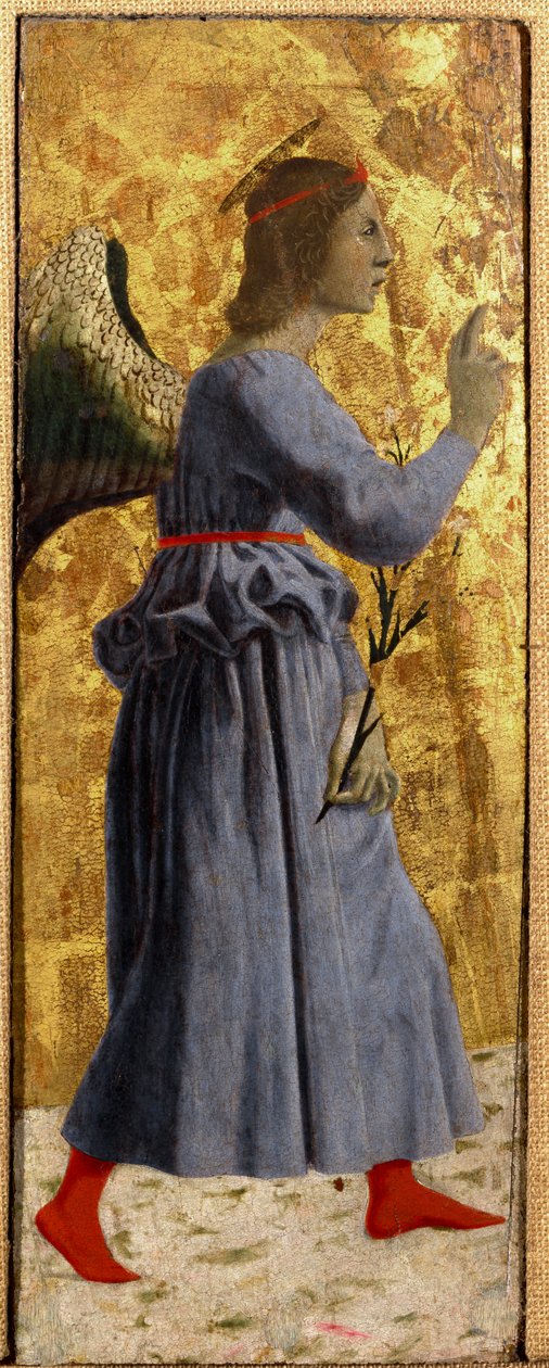 Poliptyk Misericorde: Dziewica Misericorde, otoczona świętymi. Szczegół przedstawiający anioła Zwiastowania. Obraz na drewnie autorstwa Piero della Francesca (1415/20-1492) 1445-1460 wym. 55x20 cm Sansepolcro, Pinacoteca Comunale autorstwa Piero della Francesca