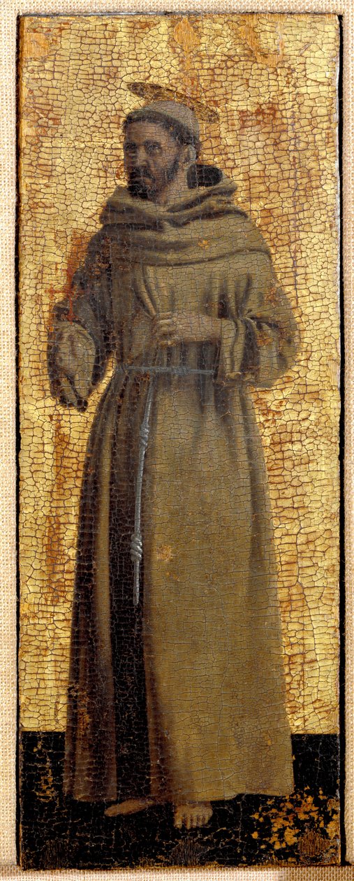 Poliptyk Misericorde: Dziewica Misericorde, otoczona świętymi. Szczegół przedstawiający św. Franciszka z Asyżu. Obraz na drewnie autorstwa Piero della Francesca (1415/20-1492) 1445-1460 wym. 54x21 cm Sansepolcro, Pinacoteca Comunale autorstwa Piero della Francesca