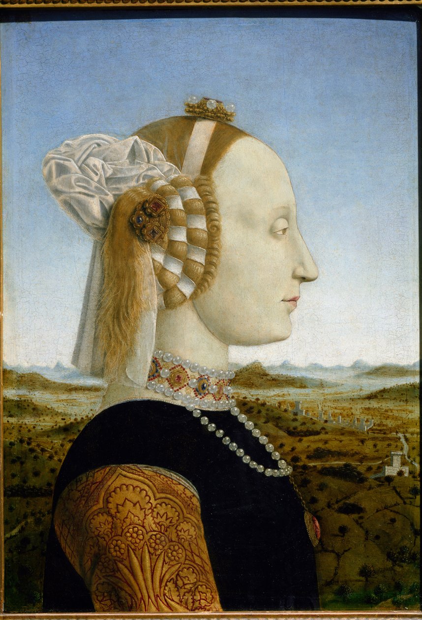 Portret Battisty Sforzy, żony Federico da Montefeltro, ok. 1465 (tempera i olej na drewnie) autorstwa Piero della Francesca