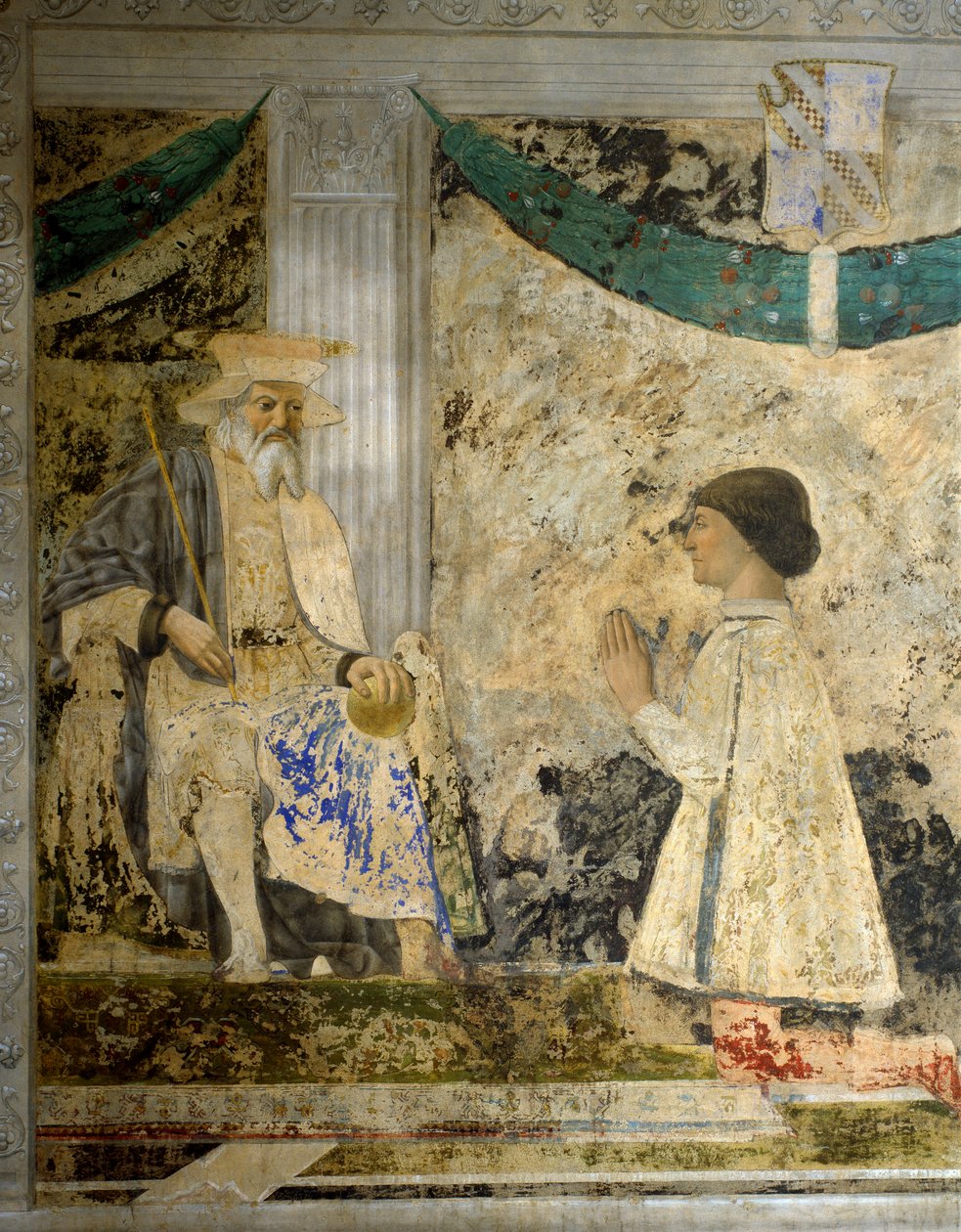 Portret Sigismondo (Sigismonda) Pandolfo Malatesta (1417-1468) w modlitwie przed San Sigismondo (Sigismondo). Fresk Pietro di Benedetto dei Franceschi dit Piero della Francesca (1422-1492) autorstwa Piero della Francesca