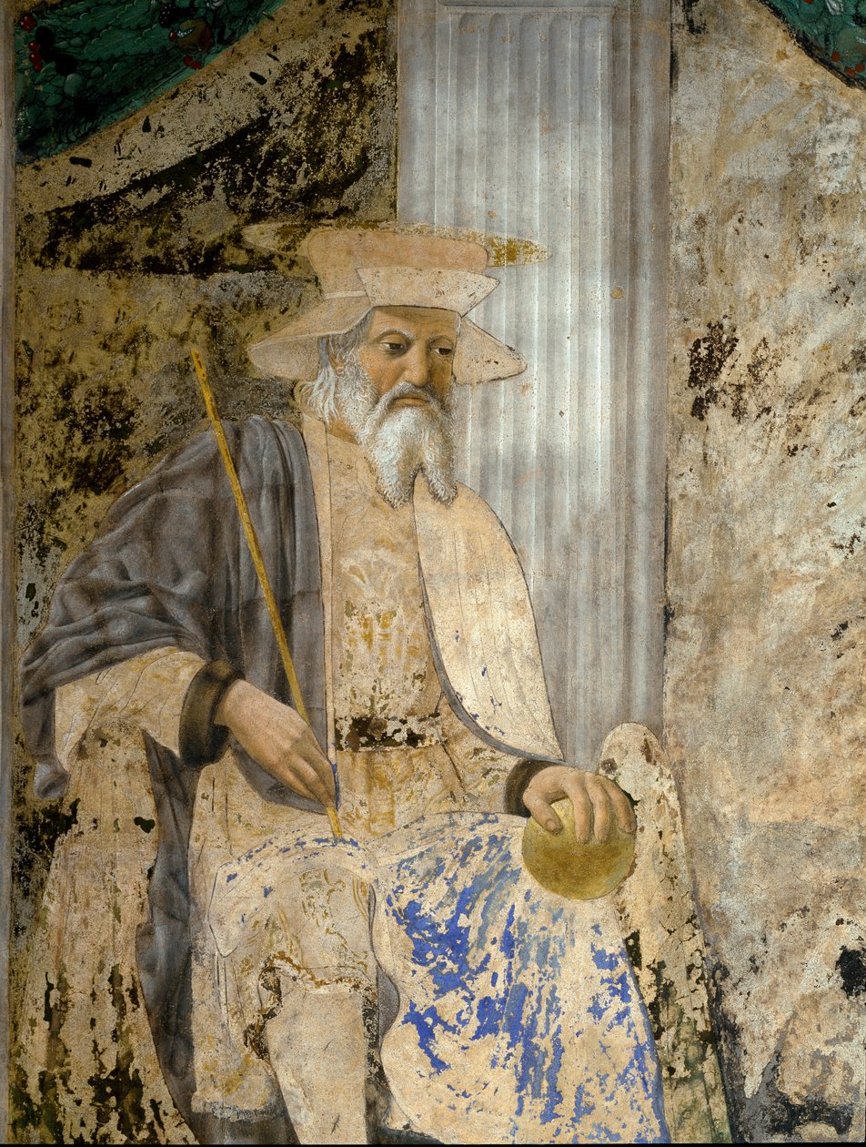 Portret Sigismondo Pandolfo Malatesta (1417-1468) w modlitwie przed San Sigismondo (Sigismondo). Szczegół świętego. Fresk Pietro di Benedetto dei Franceschi dit Piero della Francesca (1422-1492) autorstwa Piero della Francesca