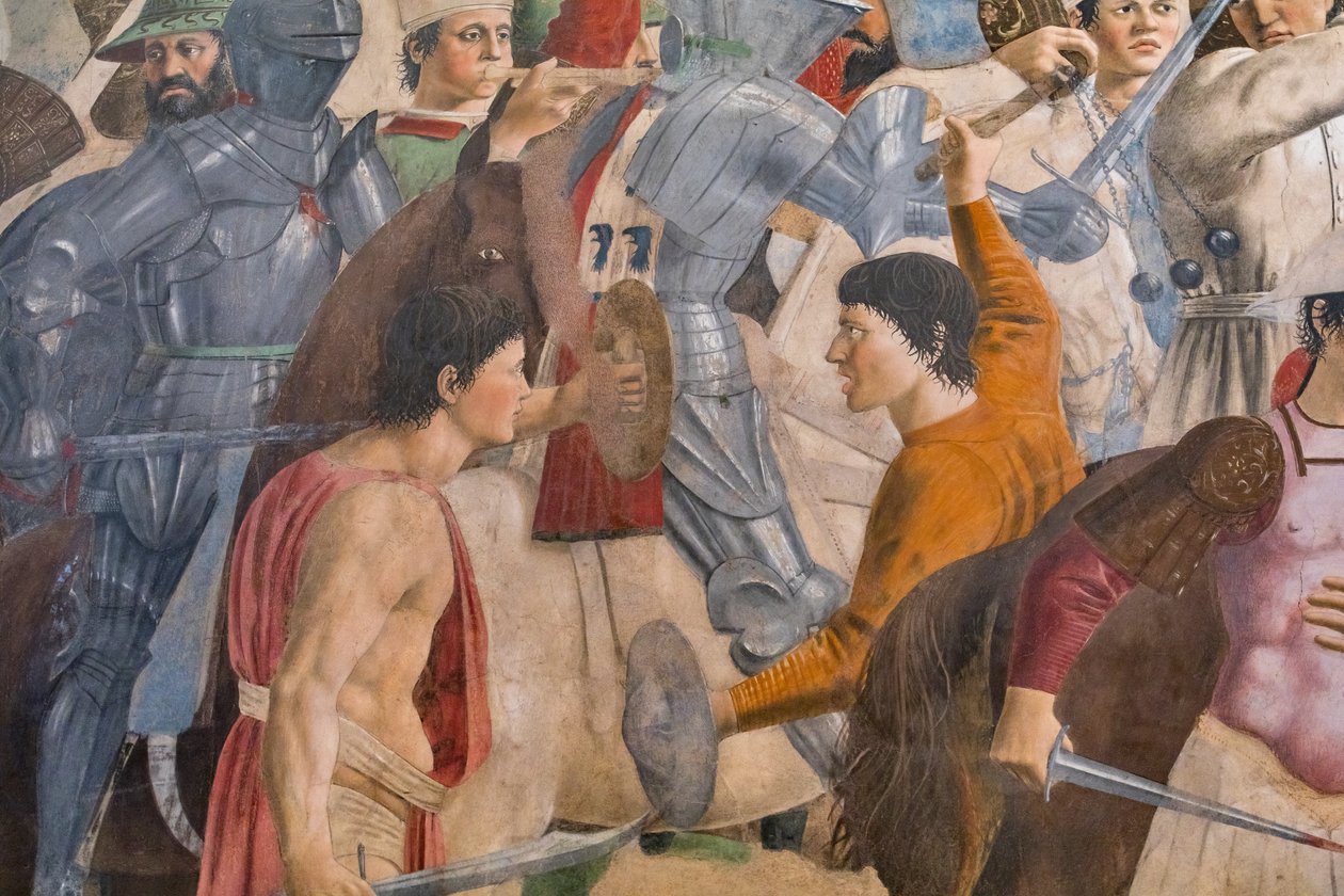 Bitwa Herakliusza z Chosroesem, szczegół Opowieści o prawdziwym krzyżu: bitwa z ludźmi, mieczami i zbrojami (fresk) autorstwa Piero della Francesca