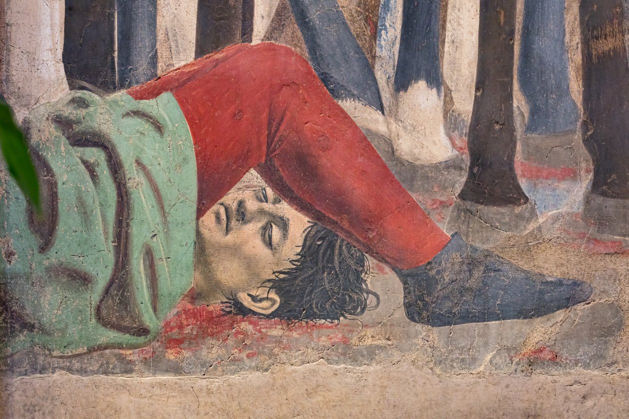 Bitwa Herakliusza i Chosroesa, szczegół Opowieści o prawdziwym krzyżu: zabity mężczyzna (fresk) autorstwa Piero della Francesca