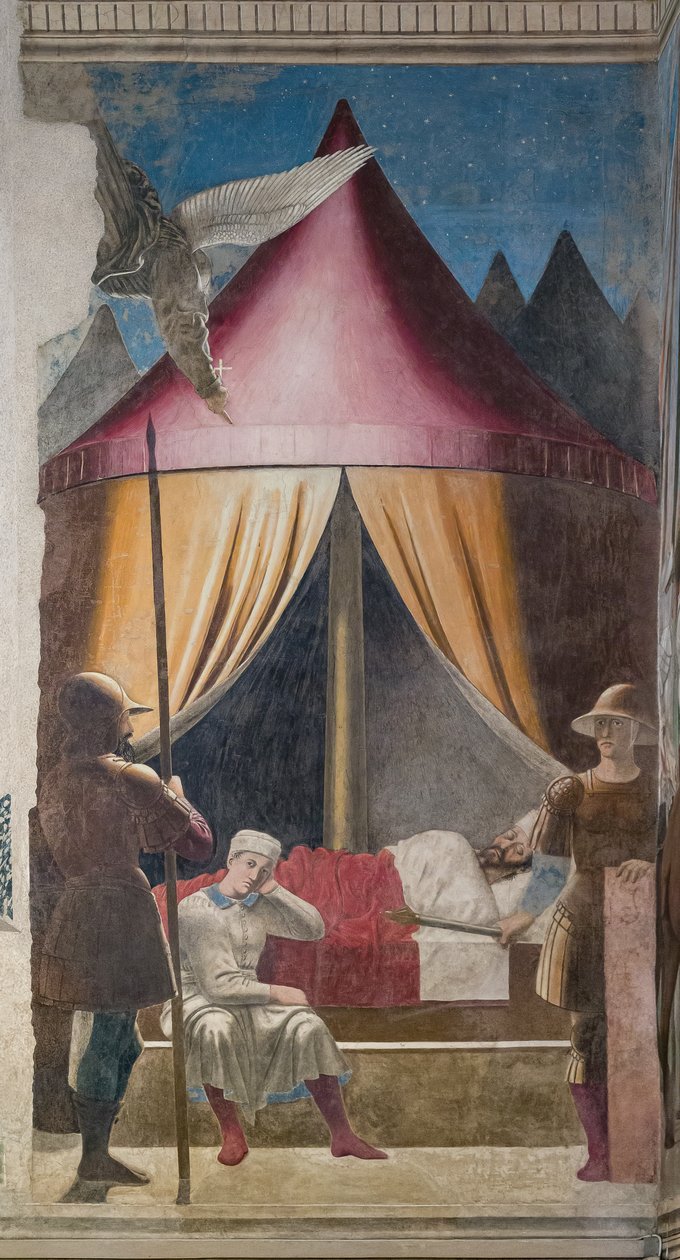 Sen Konstantyna, szczegół Opowieści o prawdziwym krzyżu (fresk) autorstwa Piero della Francesca