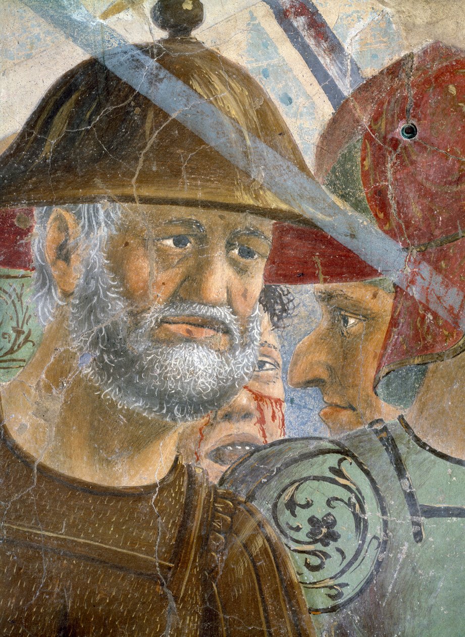 Legenda o prawdziwym krzyżu, bitwa pod Herakliuszem i Chosroes, detal brodatego żołnierza, ukończony fresk z 1464 roku autorstwa Piero della Francesca