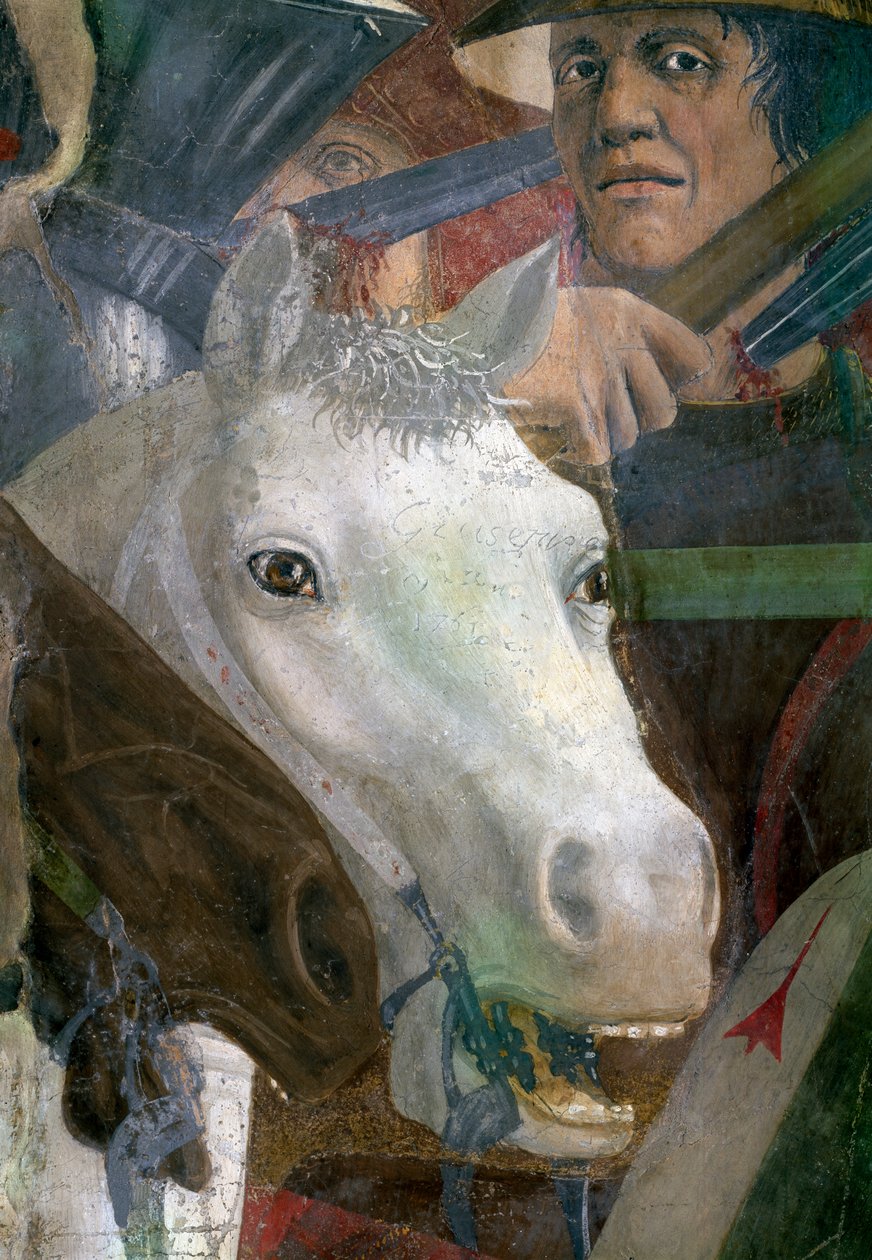 Legenda o prawdziwym krzyżu, bitwa pod Herakliuszem i Chosroes, detal konia i żołnierza, ukończony fresk z 1464 roku autorstwa Piero della Francesca