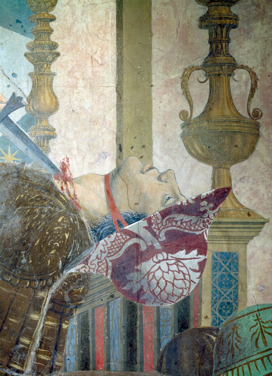 Legenda o prawdziwym krzyżu, bitwa pod Herakliuszem i Chosroes, fragment mężczyzny z poderżniętym gardłem, ukończony fresk z 1464 roku autorstwa Piero della Francesca