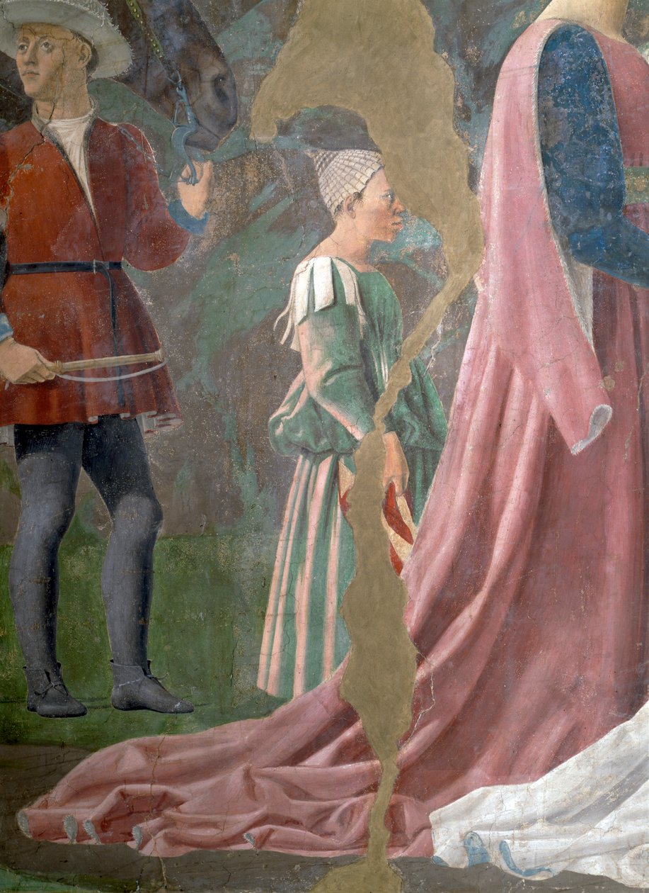 Legenda o prawdziwym krzyżu, królowa Saby wielbiąca drzewo krzyża, szczegół sługi, ukończony fresk z 1464 r. autorstwa Piero della Francesca