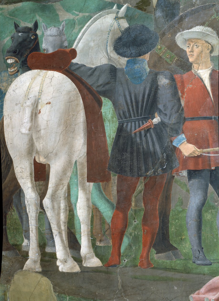 Legenda o prawdziwym krzyżu, Przyjęcie królowej Saby przez króla Salomona, detal dwóch jeźdźców, ukończony 1464 fresk autorstwa Piero della Francesca