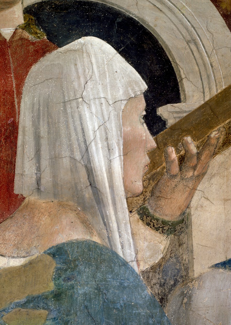 Legenda o Krzyżu Prawdziwym, Weryfikacja Krzyża, detal Królowej Saby całującej krzyż, ukończony fresk z 1464 roku autorstwa Piero della Francesca