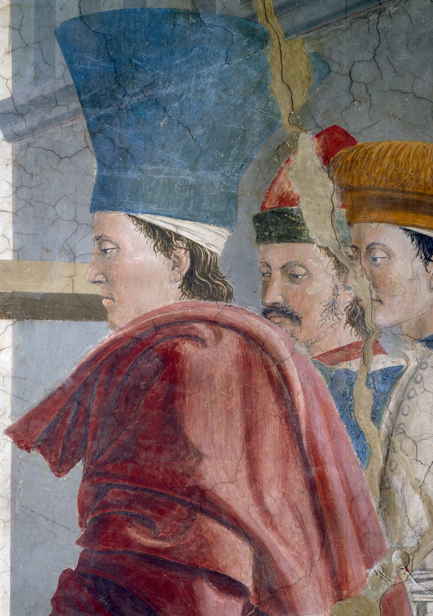 Legenda Prawdziwego Krzyża, Weryfikacja Prawdziwego Krzyża, detal trzech męskich uczestników, ukończony 1464 fresk autorstwa Piero della Francesca