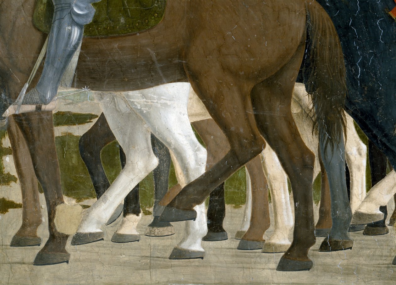 Legenda o prawdziwym krzyżu, zwycięstwo Konstantyna w bitwie pod mostem Mulwijskim, fragment kopyt konia, ukończony fresk z 1464 r. autorstwa Piero della Francesca