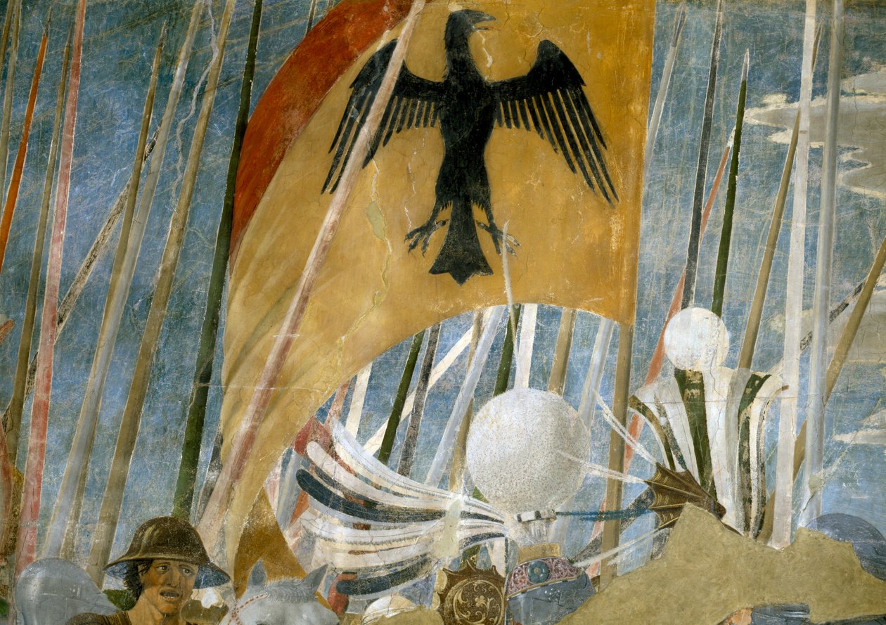 Legenda o prawdziwym krzyżu, zwycięstwo Konstantyna w bitwie pod mostem Mulwijskim, fragment sztandaru, ukończony fresk z 1464 r. autorstwa Piero della Francesca