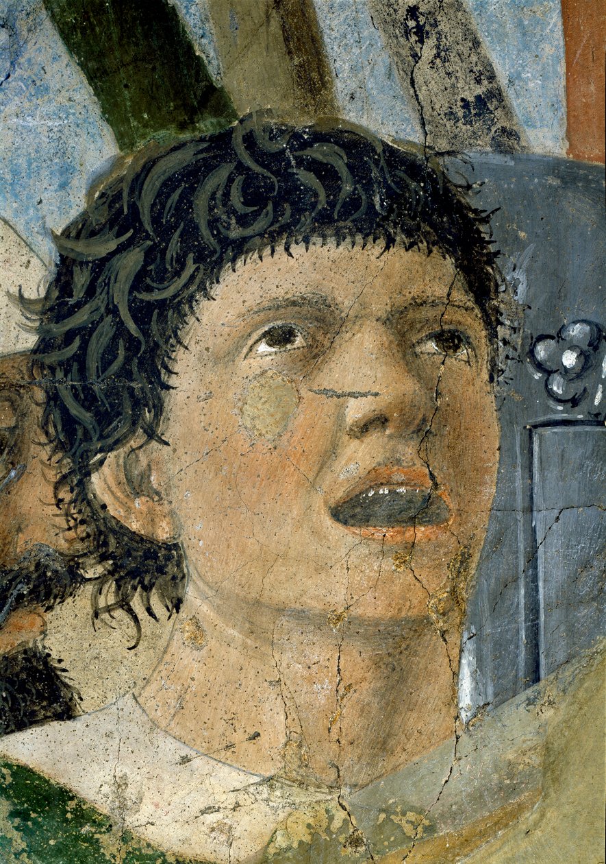 Legenda o prawdziwym krzyżu, zwycięstwo Konstantyna w bitwie pod mostem Mulwijskim, fragment krzyczącego mężczyzny, ukończony fresk z 1464 r. autorstwa Piero della Francesca