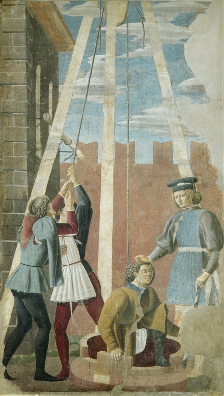 Tortury Żyda: Judasz wyciągnięty ze studni, z cyklu Prawdziwego Krzyża, ukończony 1464 (fresk) autorstwa Piero della Francesca