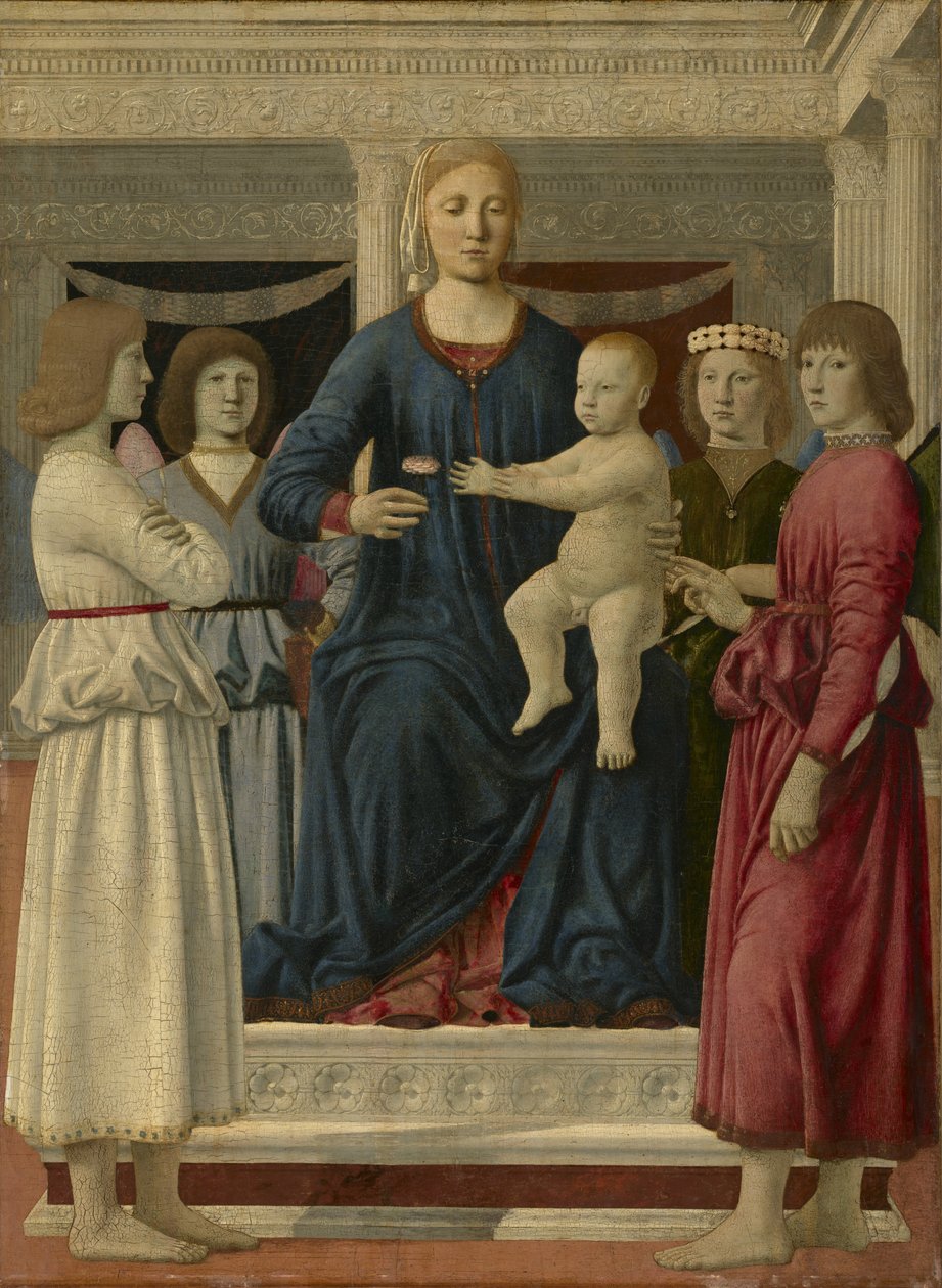 Dziewica z Dzieciątkiem na tronie z czterema aniołami, ok.1460-70 autorstwa Piero della Francesca