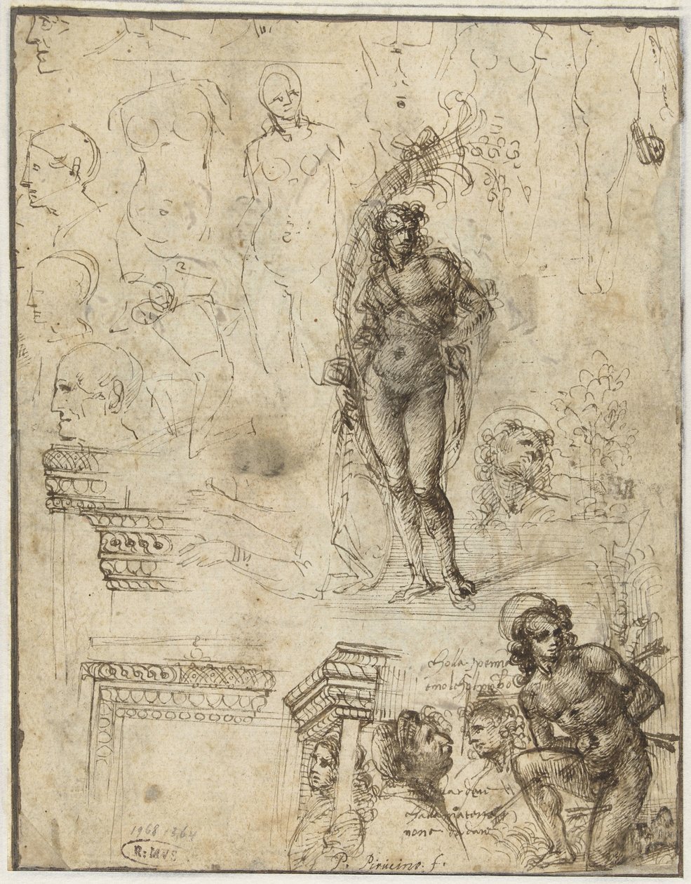 Arkusz do nauki z głowami, figurami i fragmentami architektonicznymi Karta pracy z głowami, figurami i fragmentami architektonicznymi autorstwa Piero di Cosimo (attributed to)