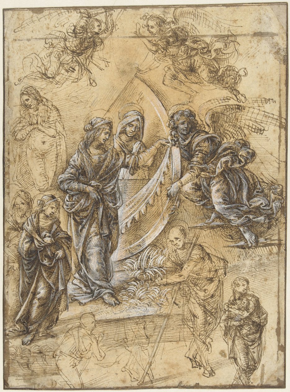 Arkusz do nauki z Maryją Dziewicą, świętymi, aniołami i postaciami z Adoracji Trzech Króli autorstwa Piero di Cosimo (attributed to)