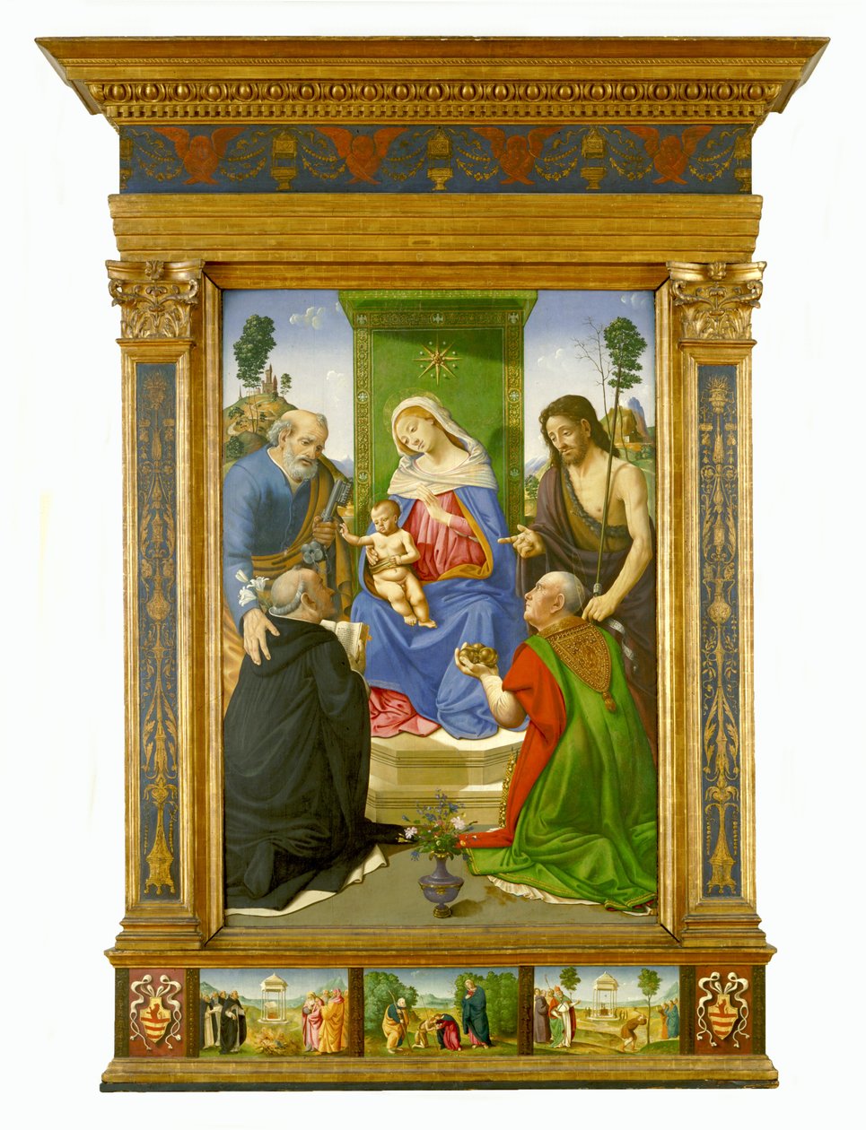 Madonna z Dzieciątkiem na tronie ze świętymi Piotrem, Janem Chrzcicielem, Dominikiem i Mikołajem z Bari, ok. 1481-85 (tempera i olej na płycie) autorstwa Piero di Cosimo