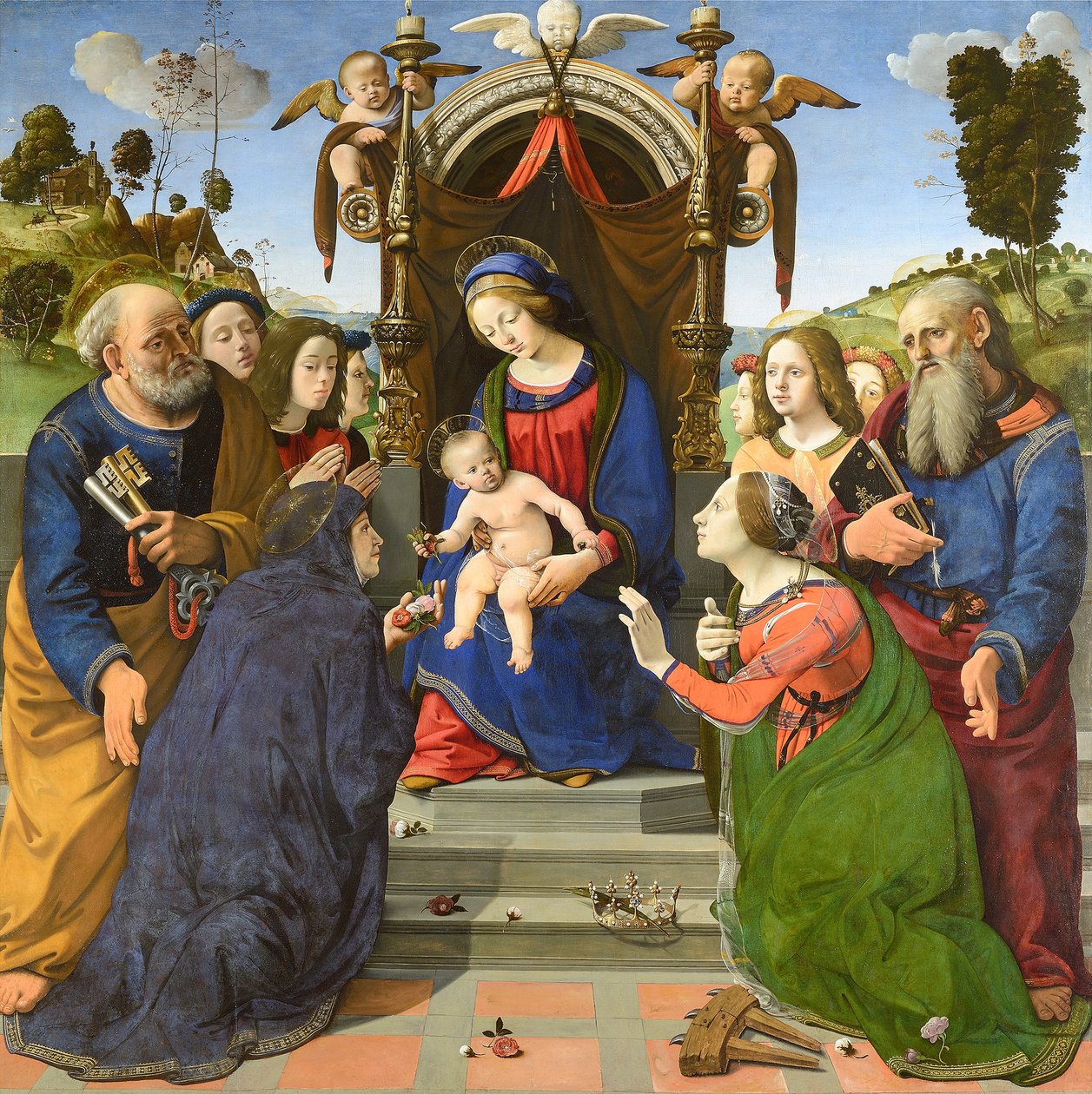 Madonna z Dzieciątkiem na tronie ze świętymi Piotrem, Janem Ewangelistą, Elżbietą Węgierską (), Katarzyną Aleksandryjską i aniołami autorstwa Piero di Cosimo