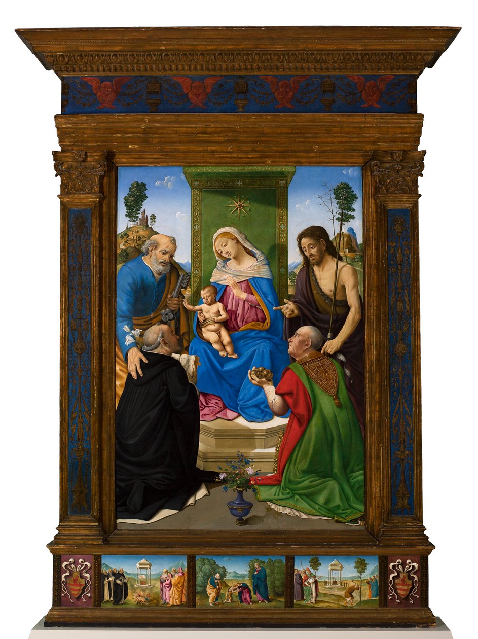 Madonna z Dzieciątkiem na tronie ze świętymi Piotrem, Janem Chrzcicielem, Dominikiem i Mikołajem z Bari autorstwa Piero di Cosimo