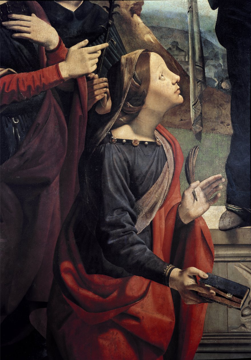 Św. Katarzyna Aleksandryjska, fragment Niepokalanego Poczęcia w otoczeniu 6 świętych. (Olej na płótnie, ok. 1505) autorstwa Piero di Cosimo